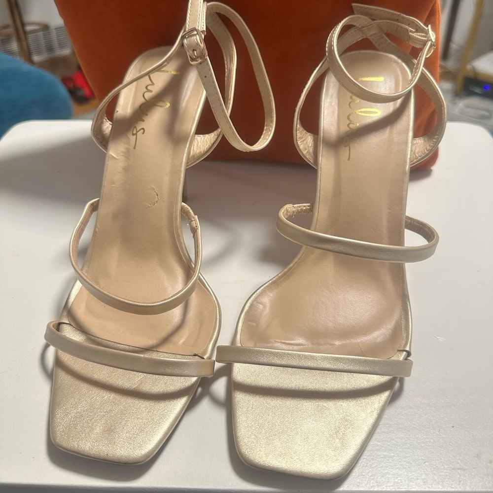 Lulus Gold Vegan Leather strappy sandals size 10
